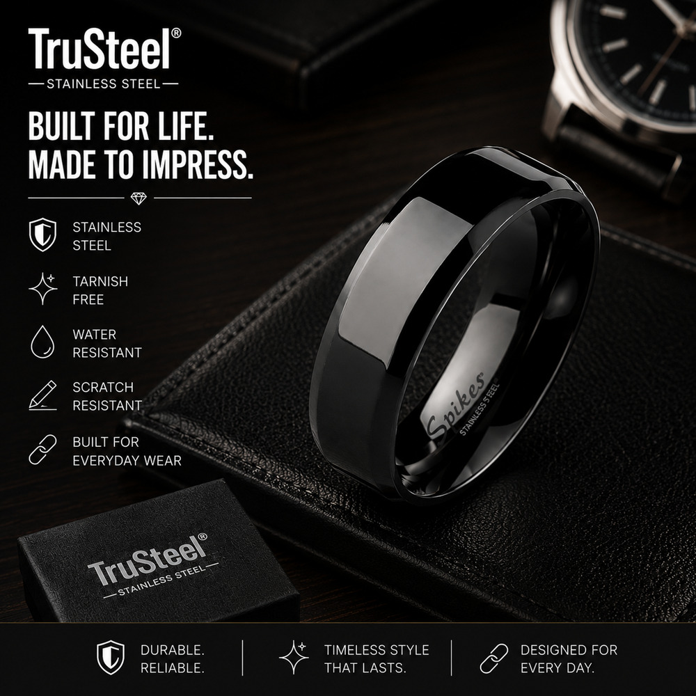 Men’s 316L Stainless Steel Ring wedding Band Comfort Fit Black 8mm Size 14